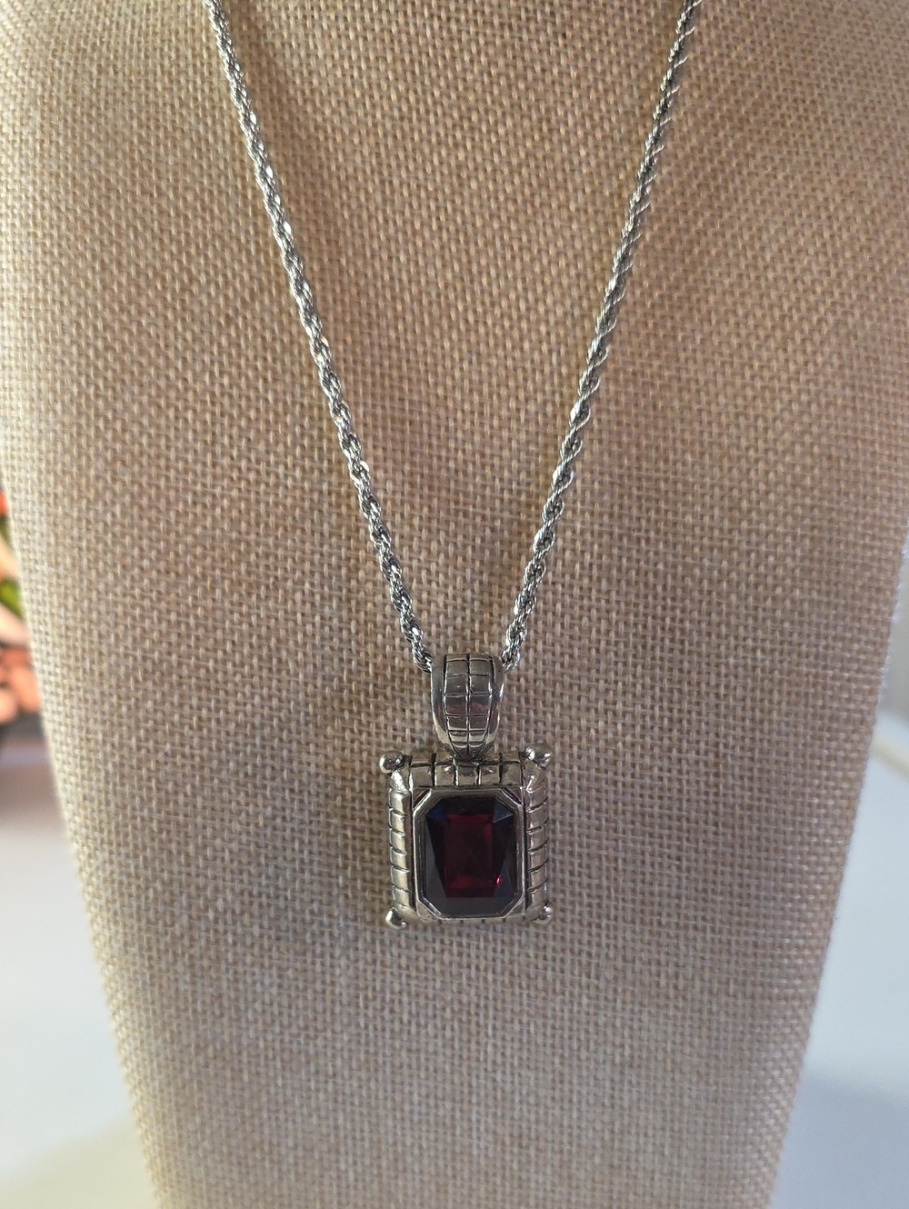 Cushion Cut Deep Red Garnet Pendant Necklace 18”
